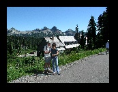 Shu Fong and Marion with Mt. Rainier's Paradise lodge in the background.